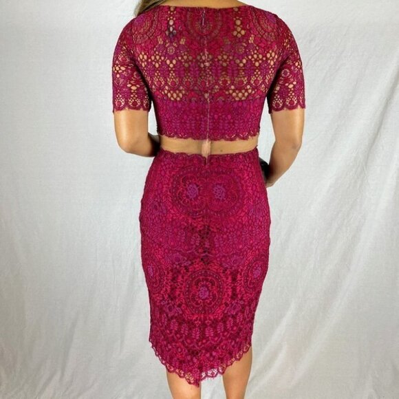 Marchesa Notte Deep Red Lace Sheer Dress $795 - Picture 6 of 12